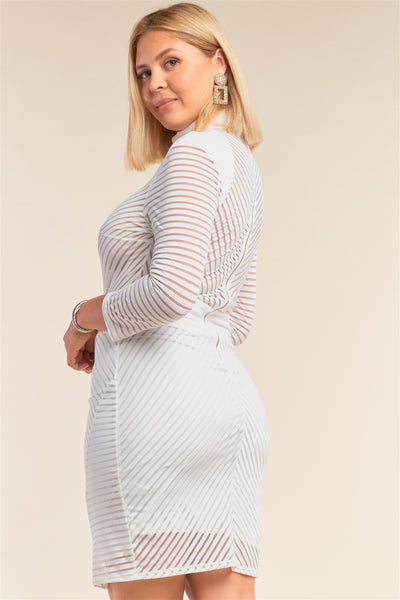 White Plus Size Long Sleeve Chevron Sheer Bodycon Mini Dress - Deals Kiosk