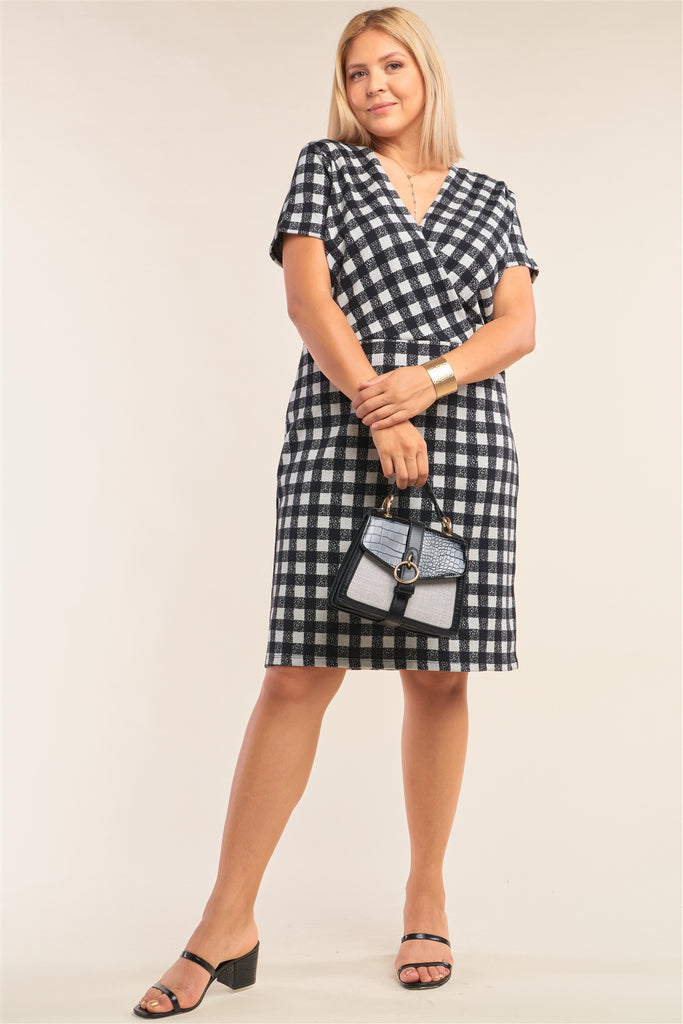 Plus Size Black&white Checkered Fitted Wrap Deep Plunge V-neck Dress - Deals Kiosk