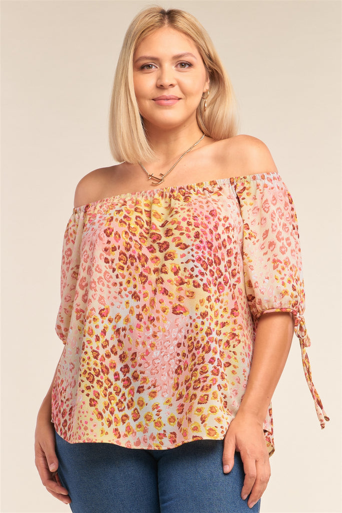 Plus Size  Leopard Print Relaxed Fit Off-the-shoulder Draw String Self Tie Puff Sleeve Top - Deals Kiosk