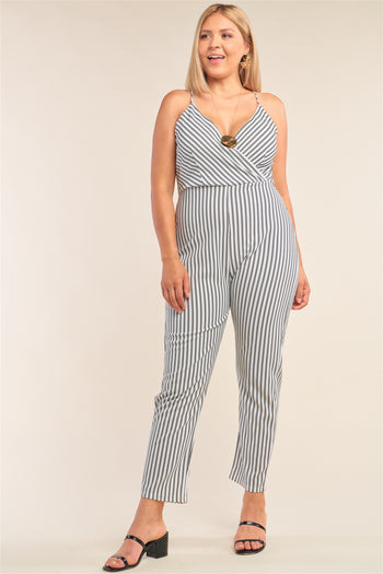 Plus Size Black&white Striped Wrap Sleeveless Criss-cross Strap Deep Plunge V-neck Jumpsuit - Deals Kiosk