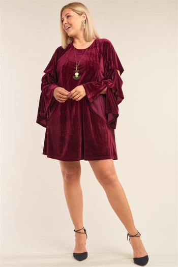 Plus Size Juliet Black Velvet Relaxed Fit Cut-out Detail Layered Long Sleeve Mini Dress - Deals Kiosk