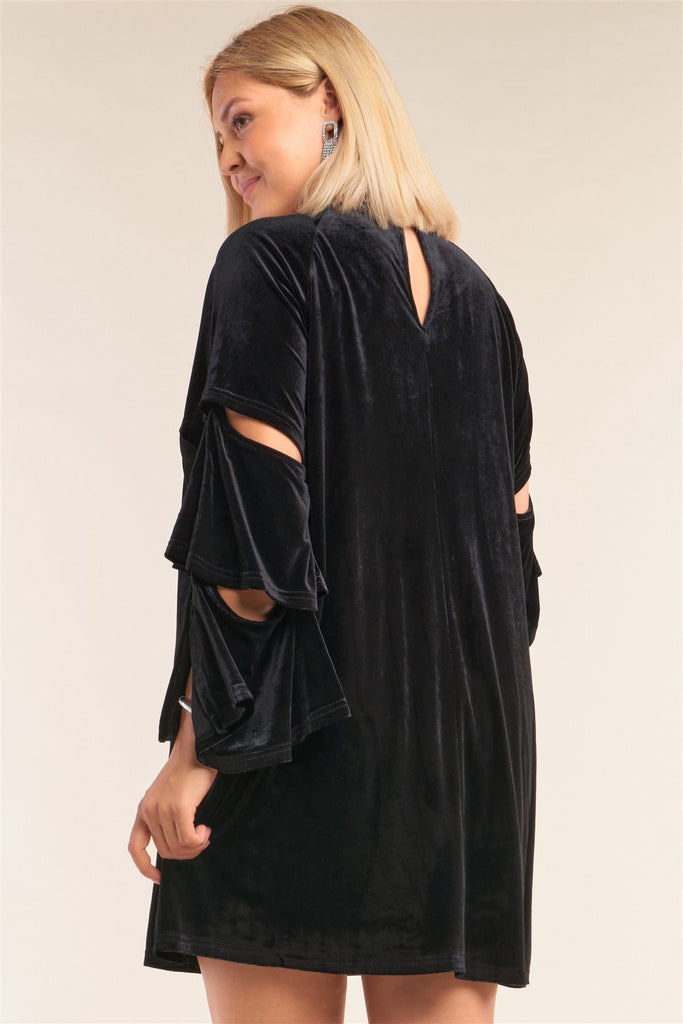 Plus Size Juliet Black Velvet Relaxed Fit Cut-out Detail Layered Long Sleeve Mini Dress - Deals Kiosk