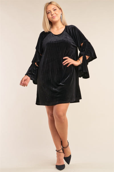Plus Size Juliet Black Velvet Relaxed Fit Cut-out Detail Layered Long Sleeve Mini Dress - Deals Kiosk
