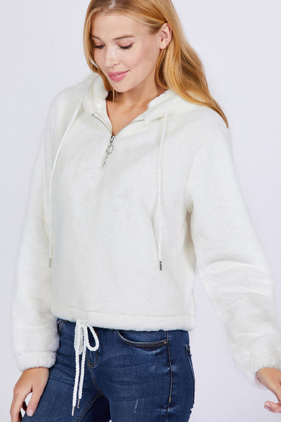 Zipper Detail Faux Fur Hoodie - Deals Kiosk