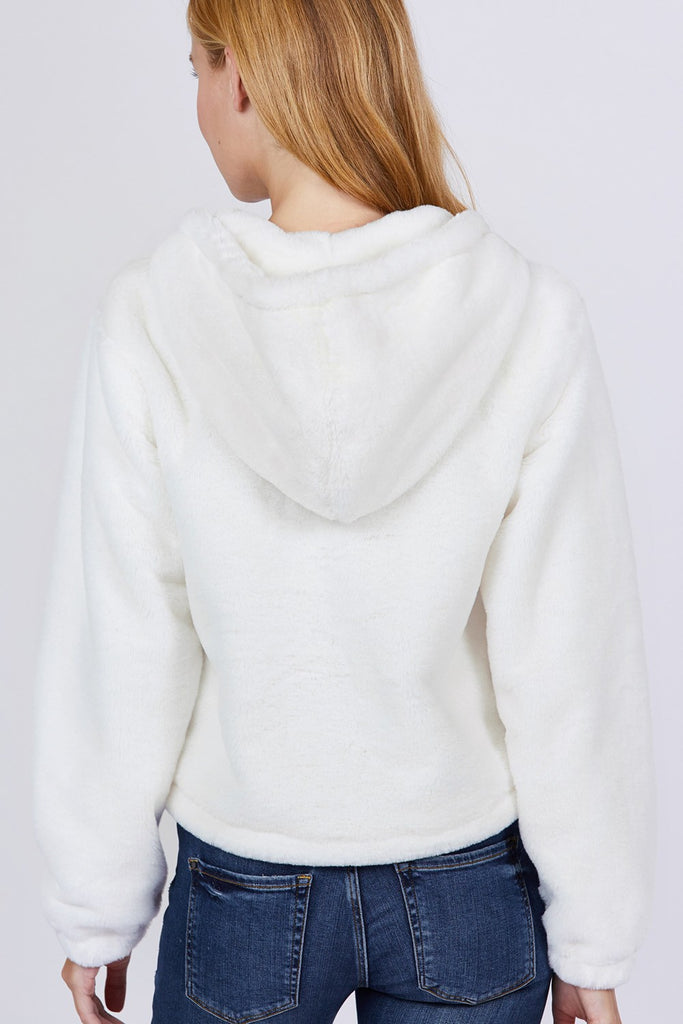 Zipper Detail Faux Fur Hoodie - Deals Kiosk