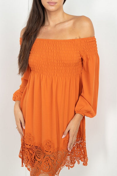 Smocking Off Shoulder Lace Dress - Deals Kiosk