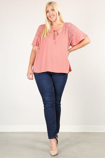 Plus Size Solid Top With A Necktie, Pleated Detail, And Flutter Sleeves - Deals Kiosk