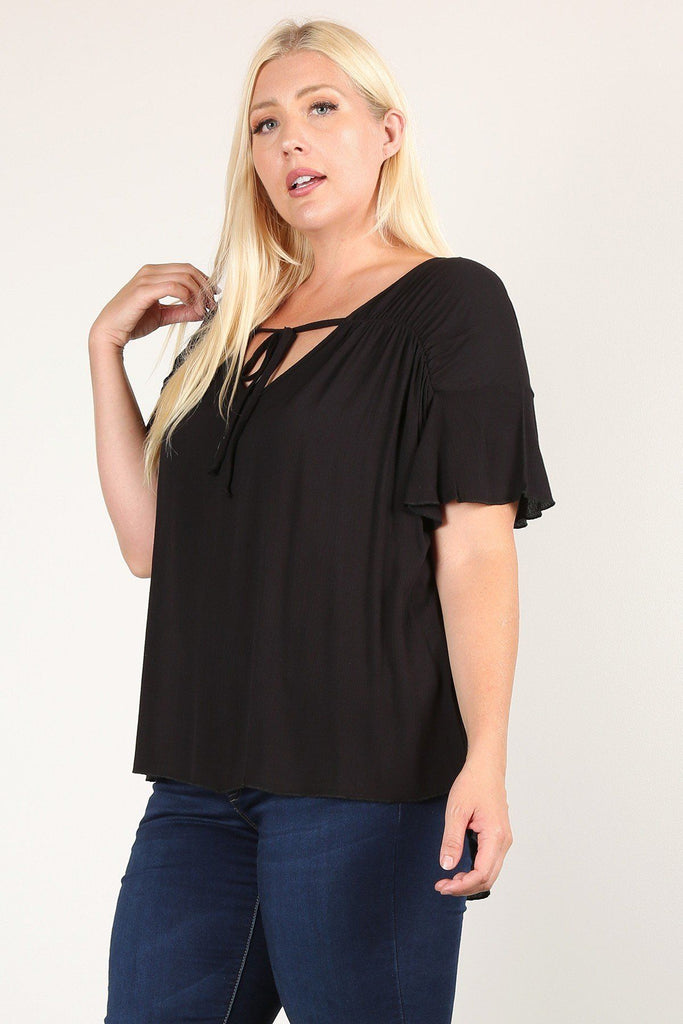Plus Size Solid Top With A Necktie, Pleated Detail, And Flutter Sleeves - Deals Kiosk