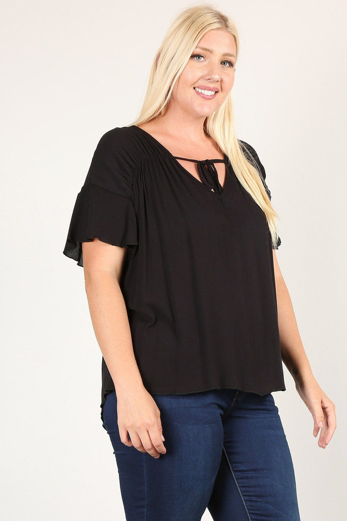 Plus Size Solid Top With A Necktie, Pleated Detail, And Flutter Sleeves - Deals Kiosk