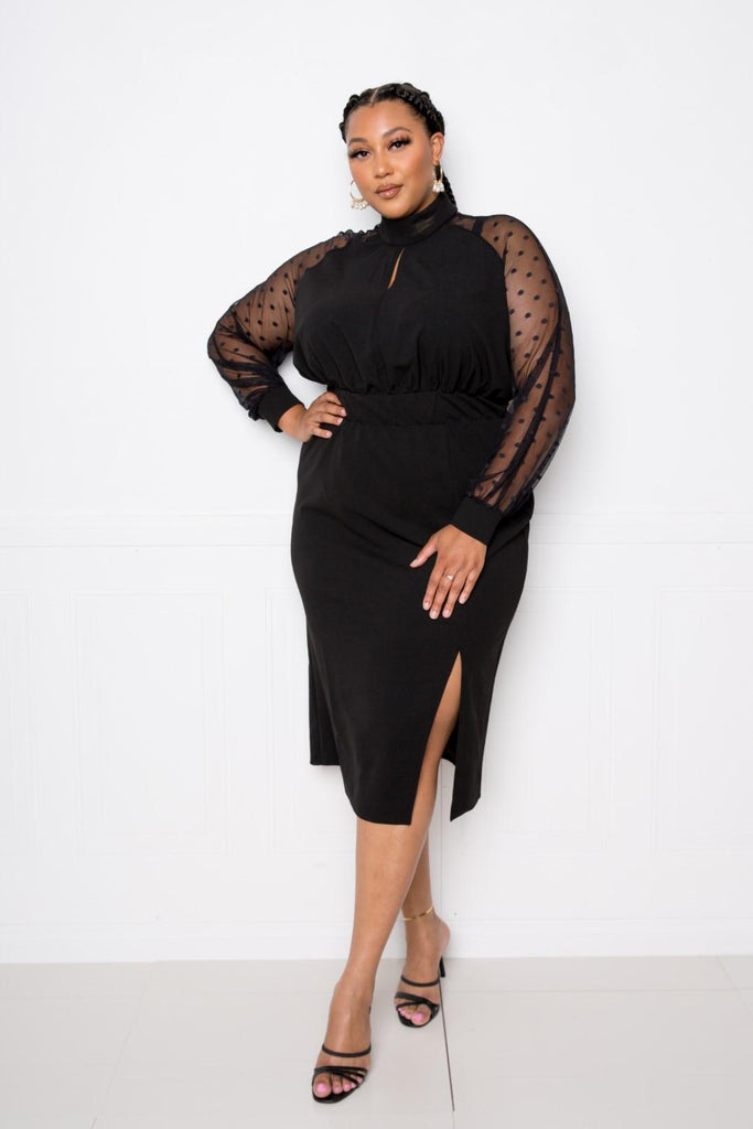 High Neck Dress With Polka Dot Mesh Insert - Deals Kiosk