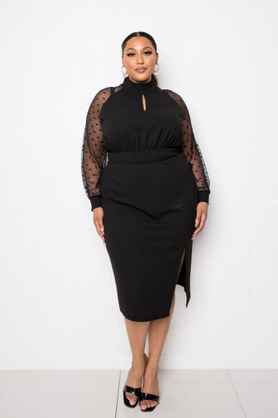 High Neck Dress With Polka Dot Mesh Insert - Deals Kiosk