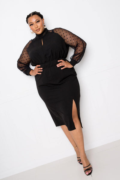 High Neck Dress With Polka Dot Mesh Insert - Deals Kiosk