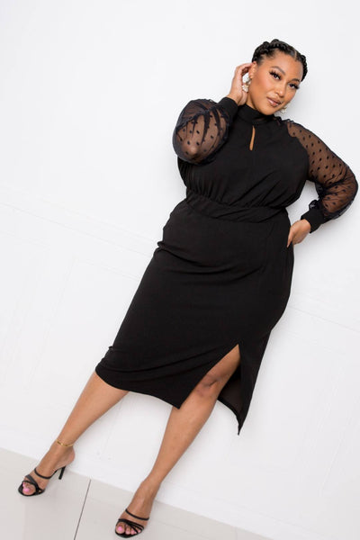 High Neck Dress With Polka Dot Mesh Insert - Deals Kiosk