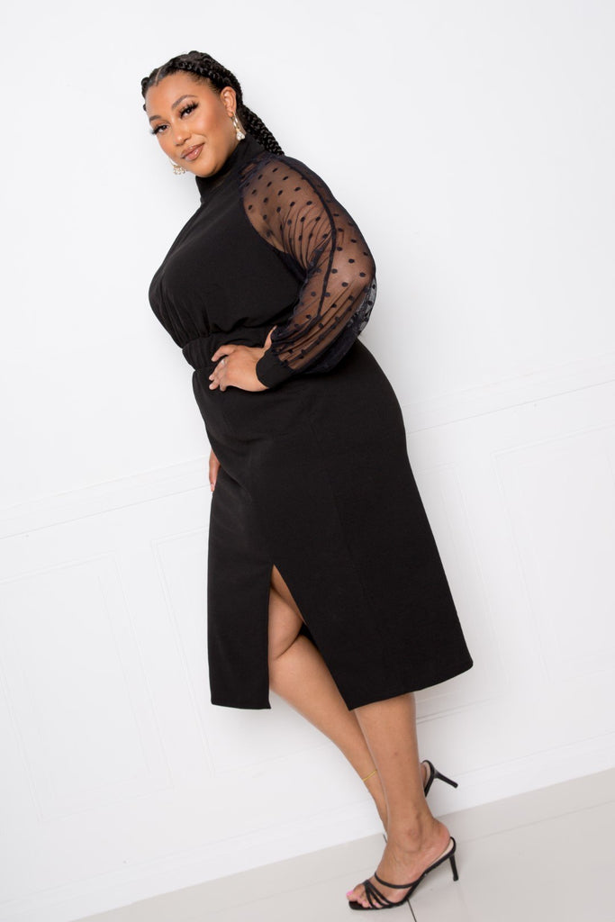 High Neck Dress With Polka Dot Mesh Insert - Deals Kiosk