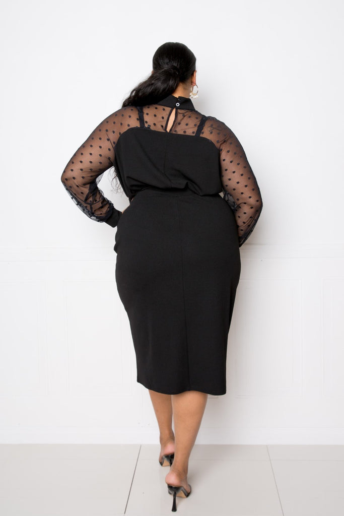 High Neck Dress With Polka Dot Mesh Insert - Deals Kiosk