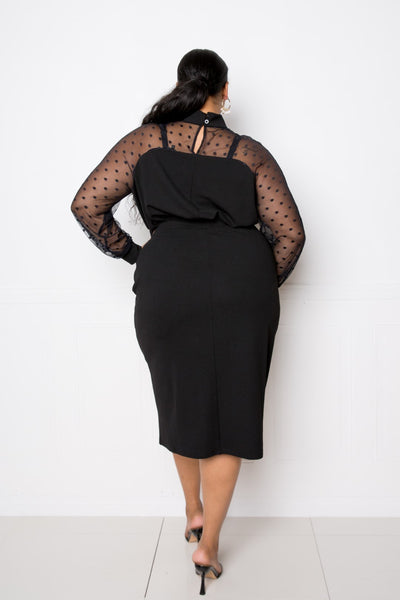 High Neck Dress With Polka Dot Mesh Insert - Deals Kiosk