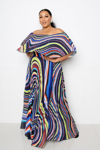 Geo Printed Off Shoulder Pleated Maxi Dress - Deals Kiosk