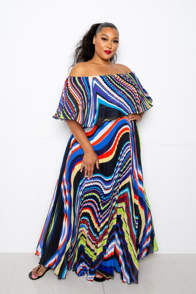 Geo Printed Off Shoulder Pleated Maxi Dress - Deals Kiosk