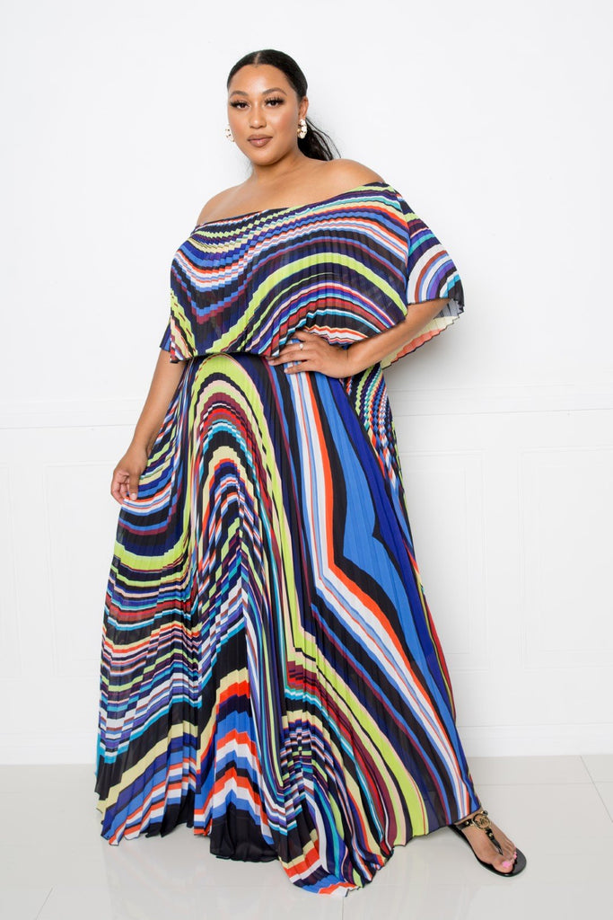 Geo Printed Off Shoulder Pleated Maxi Dress - Deals Kiosk