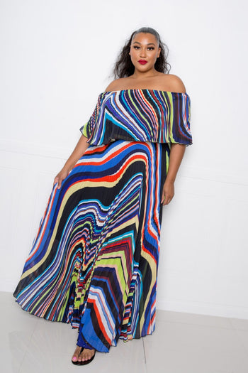 Geo Printed Off Shoulder Pleated Maxi Dress - Deals Kiosk