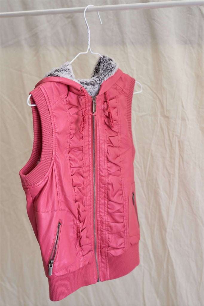 Pink Vegan Leather Shirred Faux Fur Lining Draw String Tie Hood Detail Vest - Deals Kiosk