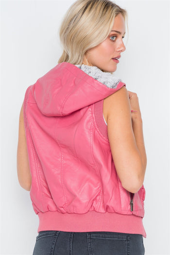 Pink Vegan Leather Shirred Faux Fur Lining Draw String Tie Hood Detail Vest - Deals Kiosk