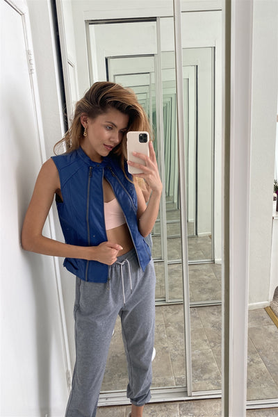 Blue Vegan Leather Faux Fur Lining Triple Zip-up Detail Moto Vest - Deals Kiosk
