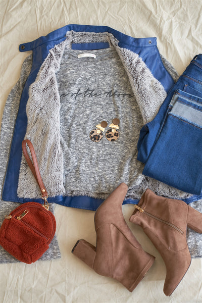 Blue Vegan Leather Faux Fur Lining Triple Zip-up Detail Moto Vest - Deals Kiosk