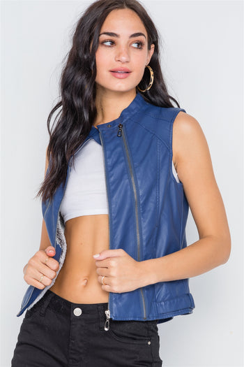 Blue Vegan Leather Faux Fur Lining Triple Zip-up Detail Moto Vest - Deals Kiosk