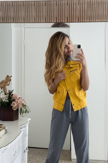 Mustard Vegan Leather Funnel Neck Faux Fur Lining Zip-up Vest - Deals Kiosk