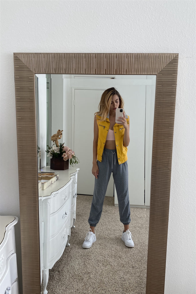 Mustard Vegan Leather Funnel Neck Faux Fur Lining Zip-up Vest - Deals Kiosk