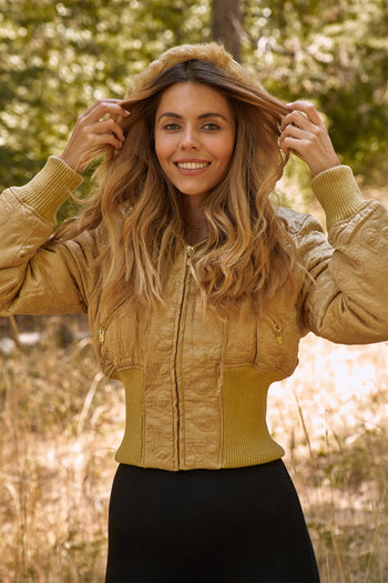 Letter Printed Zip-up Faux Fur Hood Detail Cropped Winter Bomber Jacket - Deals Kiosk