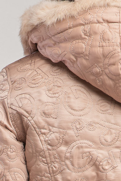 Letter Printed Zip-up Faux Fur Hood Detail Cropped Winter Bomber Jacket - Deals Kiosk