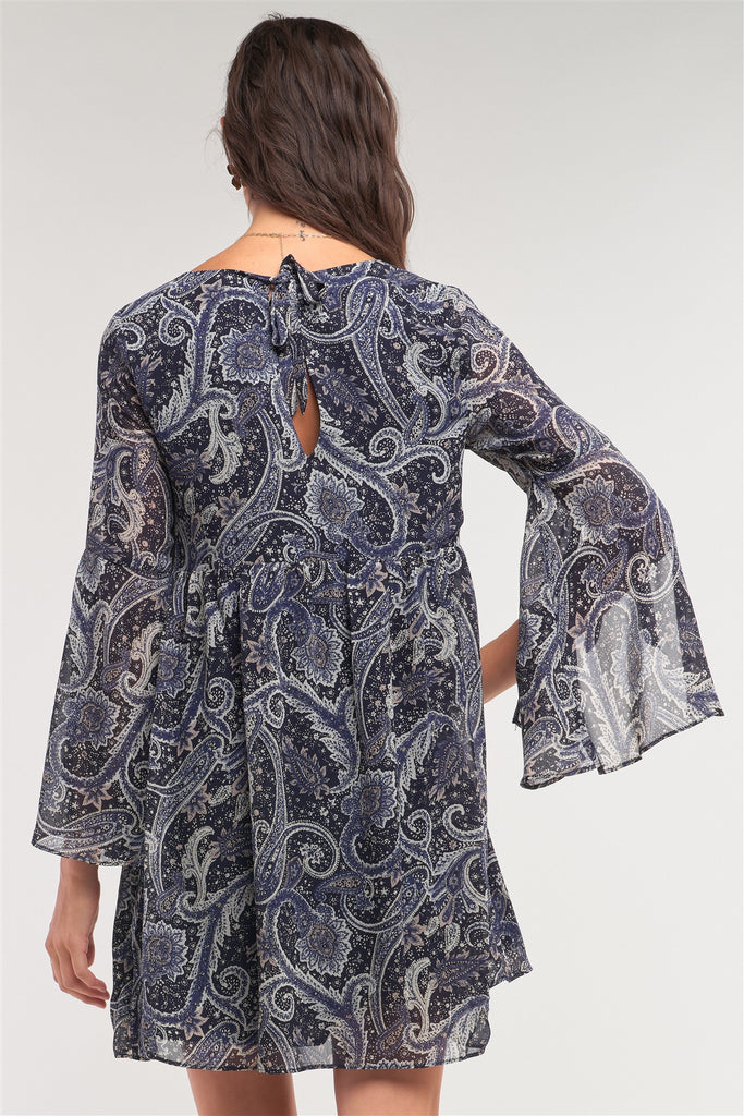 Navy Multicolor Paisley Print Loose Fit Trumpet Sleeve Self-tie Detail Mini Dress - Deals Kiosk