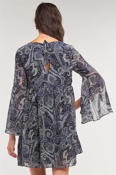 Navy Multicolor Paisley Print Loose Fit Trumpet Sleeve Self-tie Detail Mini Dress - Deals Kiosk