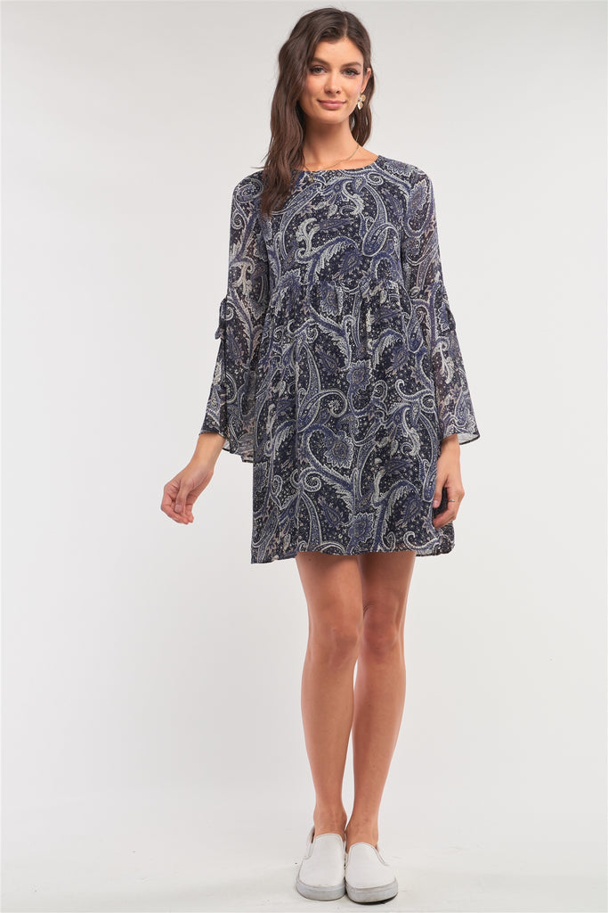 Navy Multicolor Paisley Print Loose Fit Trumpet Sleeve Self-tie Detail Mini Dress - Deals Kiosk