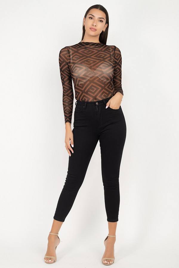 Long Sleeve Geometric Bodysuit - Deals Kiosk