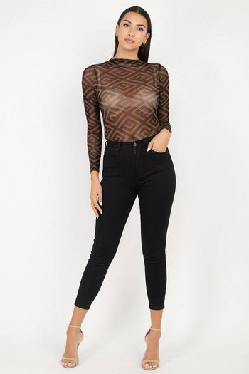 Long Sleeve Geometric Bodysuit - Deals Kiosk