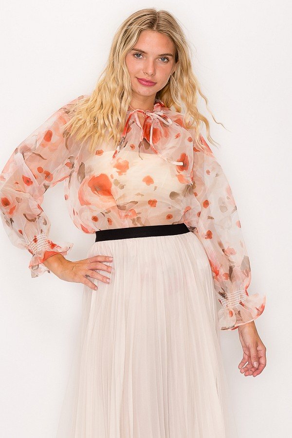 Floral Print Ruffled Organza Top - Deals Kiosk
