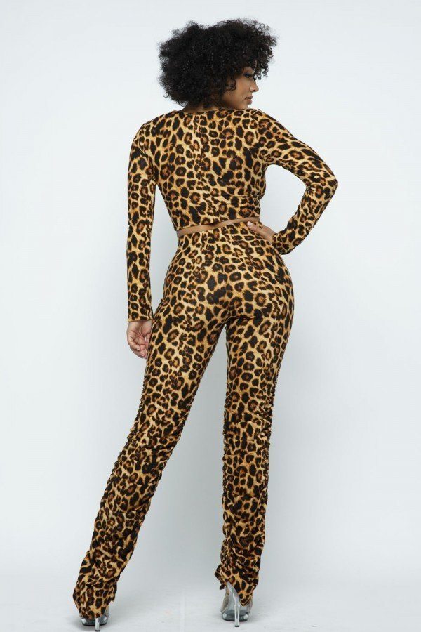 Leopard Printed Crop Top O Ringdetail Bottom Shirring Pant Set - Deals Kiosk