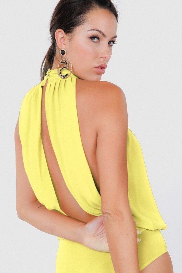 Drape Back Halter Neck Sleeveless Sheer Bodysuit - Deals Kiosk