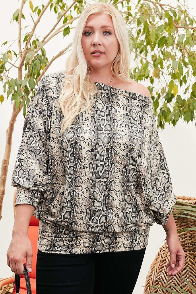 Boat Neck Long Bubble Sleeve Snake Print Knit Top - Deals Kiosk