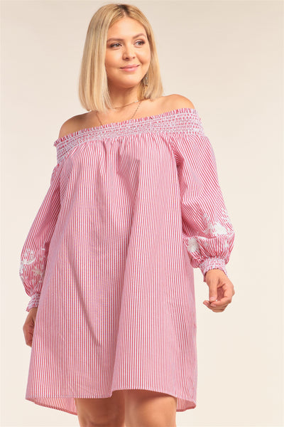 Plus Size Red And White Floral Embroidered Mini Dress - Deals Kiosk