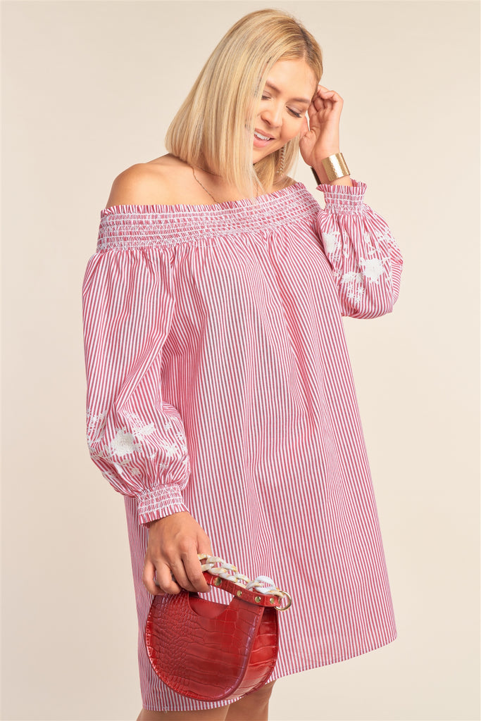 Plus Size Red And White Floral Embroidered Mini Dress - Deals Kiosk