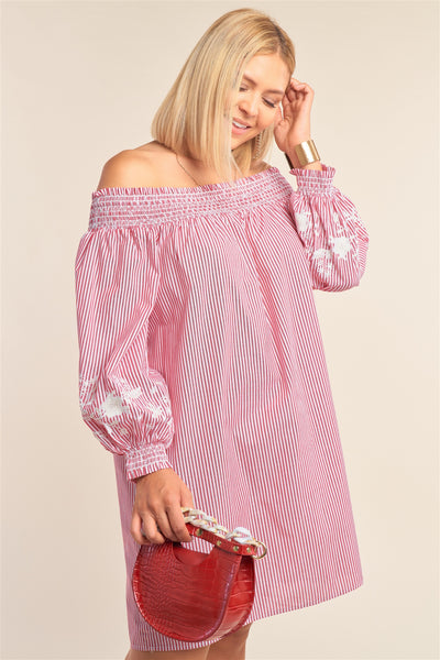 Plus Size Red And White Floral Embroidered Mini Dress - Deals Kiosk