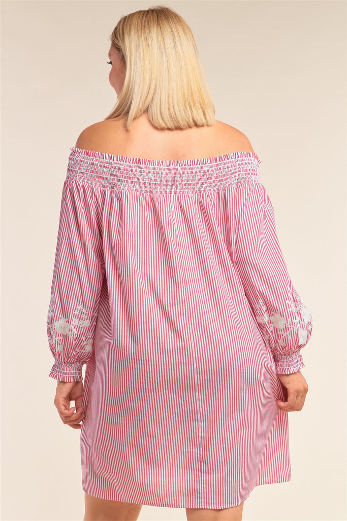 Plus Size Red And White Floral Embroidered Mini Dress - Deals Kiosk