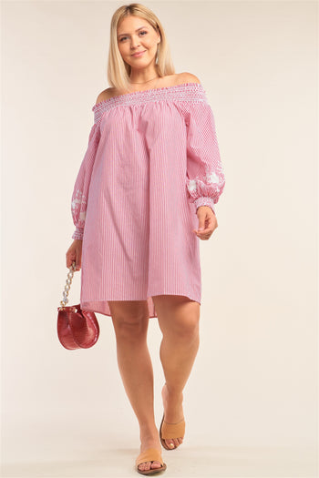 Plus Size Red And White Floral Embroidered Mini Dress - Deals Kiosk