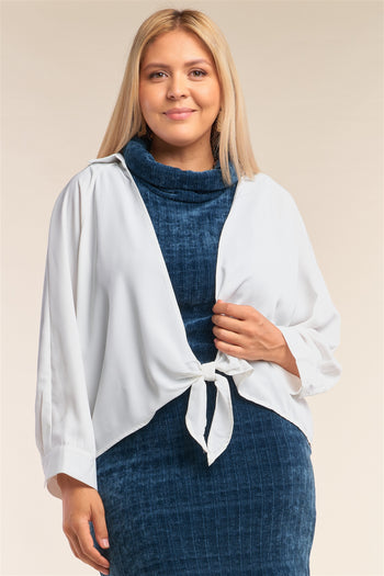 Plus Size White Open Front Relaxed Fit Self-tie Bottom Hem Long Sleeve Collared Shirt Top - Deals Kiosk