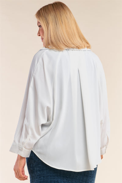 Plus Size White Open Front Relaxed Fit Self-tie Bottom Hem Long Sleeve Collared Shirt Top - Deals Kiosk