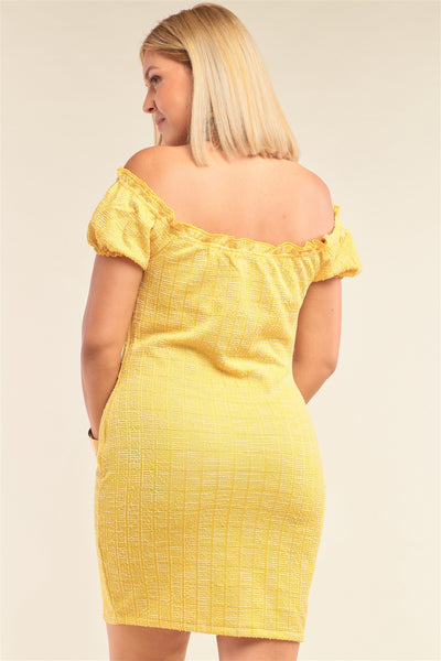 Plus Size Lemon Yellow Sparkly Tweed Plaid Fitted Off-the-shoulder Frill Hem Mini Dress - Deals Kiosk